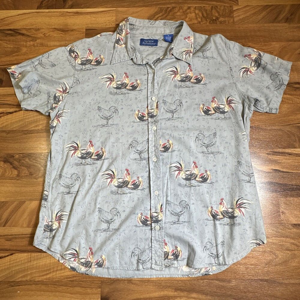 Natural Reflections Chicken Rooster Women's Light‎ Blue Button Down Size 1X